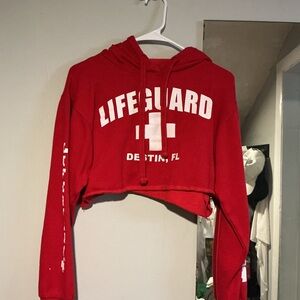 Red Lifeguard Cropped Hoodie with White Print